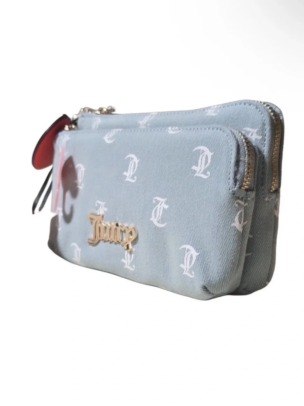 Juicy Couture Light Blue Denim Monogram Double Zip Wristlet with Charms NWT
